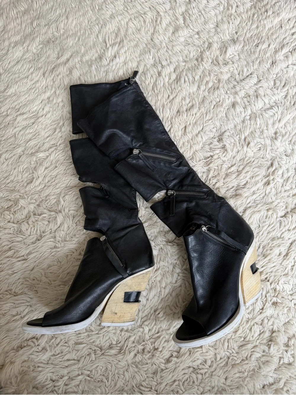 Cinzia Araia Wedge Peep-Toe Knee-High Heeled Boots in Black - Picture 1 of 8